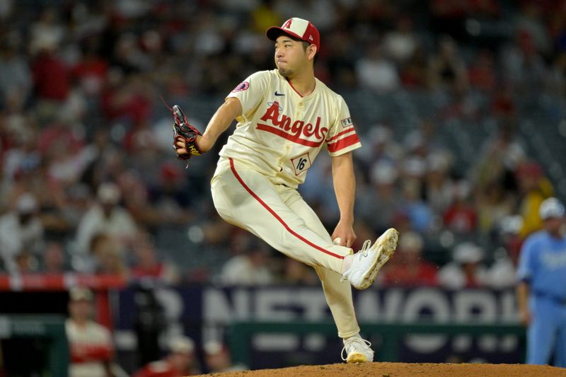 Sep 24, 2025; Anaheim, California, USA;  Los Angeles Angels starting pitcher Yusei Kikuchi (16) delivers during the fourth inning against the Kansas City Royals at Angel Stadium. Mandatory Credit: Jayne Kamin-Oncea-Imagn Images