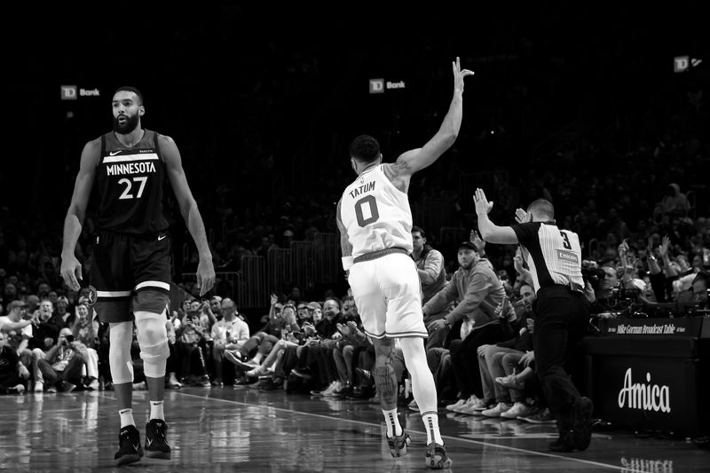 BOSTON, MA - NOVEMBER 24:(EDITOR'S NOTE: Image has been converted to black and white) Jayson Tatum #0 of the Boston Celtics celebrates three point basket during the game against the Minnesota Timberwolves on November 24, 2024 at the TD Garden in Boston, Massachusetts. NOTE TO USER: User expressly acknowledges and agrees that, by downloading and or using this photograph, User is consenting to the terms and conditions of the Getty Images License Agreement. Mandatory Copyright Notice: Copyright 2024 NBAE(Photo by Brian Babineau/NBAE via Getty Images)