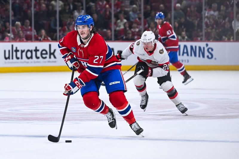 Oct 4, 2025; Montreal, Quebec, CAN; Montreal Canadiens left wing Samuel Blais (27) plays the puck against the Ottawa Senators during the third period at Bell Centre. Mandatory Credit: David Kirouac-Imagn Images