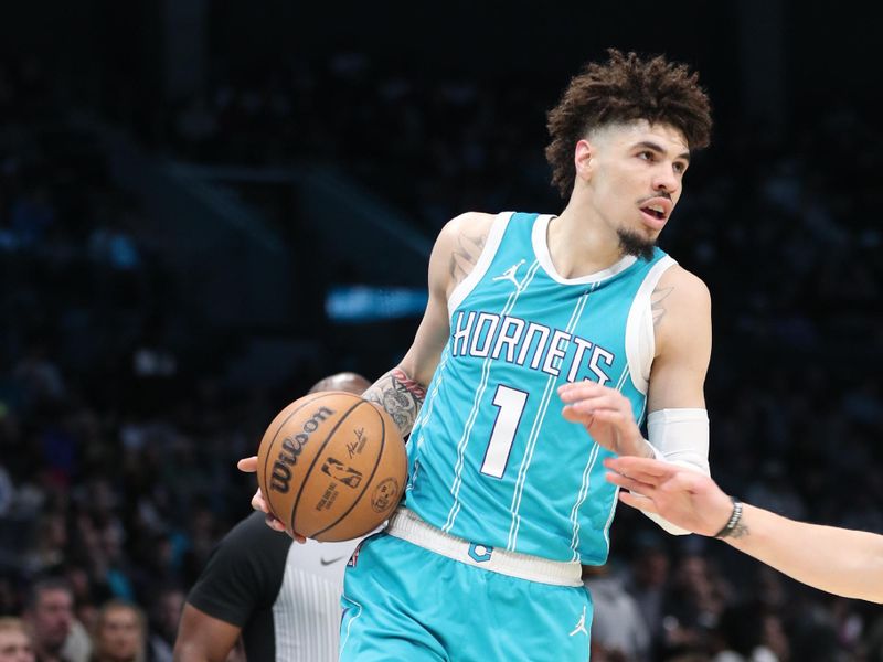 CHARLOTTE, NC - MARCH 05: LaMelo Ball #1 of the Charlotte Hornets handles the ball during the game against the Minnesota Timberwolves on March 05, 2025 at Spectrum Center in Charlotte, North Carolina. NOTE TO USER: User expressly acknowledges and agrees that, by downloading and or using this photograph, User is consenting to the terms and conditions of the Getty Images License Agreement. Mandatory Copyright Notice: Copyright 2025 NBAE (Photo by Brock Williams-Smith/NBAE via Getty Images)