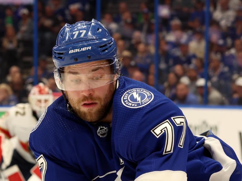 Apr 25, 2024; Tampa, Florida, USA; Tampa Bay Lightning defenseman Victor Hedman (77) skates with the puck against the Florida Panthers during the first period in game three of the first round of the 2024 Stanley Cup Playoffs at Amalie Arena. Mandatory Credit: Kim Klement Neitzel-USA TODAY Sports