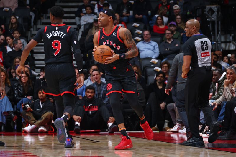 TORONTO, CANADA - JANUARY 31:  Bruce Brown #11 of the Toronto Raptors dribbles the ball during the game against the Chicago Bulls on January 31, 2025 at the Scotiabank Arena in Toronto, Ontario, Canada.  NOTE TO USER: User expressly acknowledges and agrees that, by downloading and or using this Photograph, user is consenting to the terms and conditions of the Getty Images License Agreement.  Mandatory Copyright Notice: Copyright 2025 NBAE (Photo by Vaughn Ridley/NBAE via Getty Images)