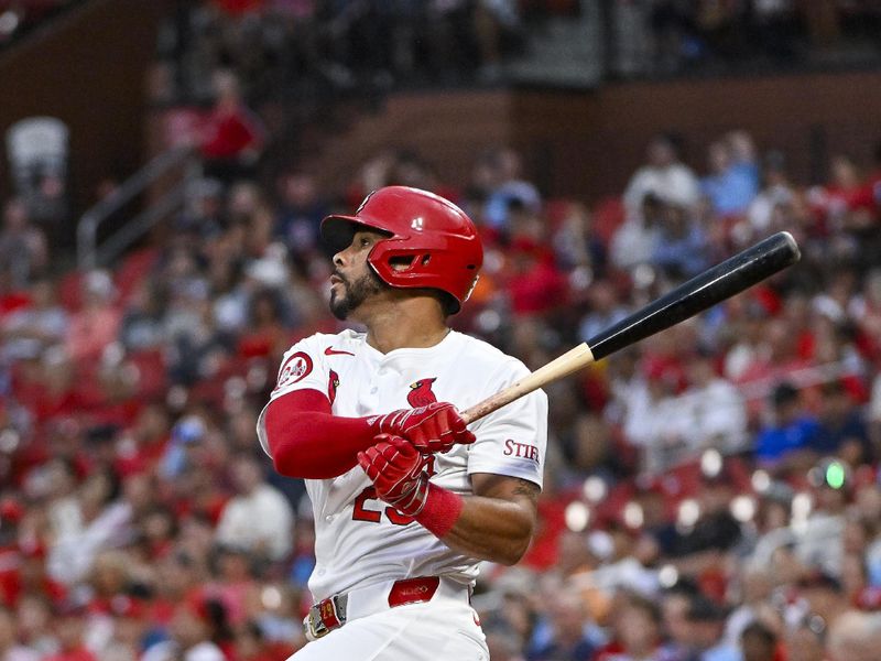 Aug 6, 2024; St. Louis, Missouri, USA;  St. Louis Cardinals left fielder Tommy Pham (29) hits a two run home run against the Tampa Bay Rays during the second inning at Busch Stadium. Mandatory Credit: Jeff Curry-USA TODAY Sports