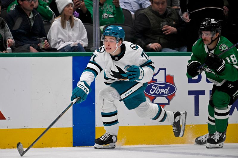 Nov 20, 2024; Dallas, Texas, USA; San Jose Sharks center Macklin Celebrini (71) and Dallas Stars center Sam Steel (18) chase the puck during the first period at the American Airlines Center. Mandatory Credit: Jerome Miron-Imagn Images