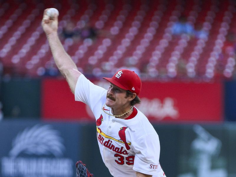 Jul 10, 2025; St. Louis, Missouri, USA;  St. Louis Cardinals starting pitcher Miles Mikolas (39) pitches against the Washington Nationals during the first inning at Busch Stadium. Mandatory Credit: Jeff Curry-Imagn Images