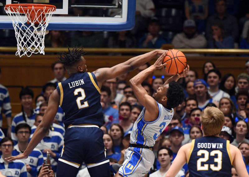 Feb 14, 2023; Durham, North Carolina, USA;  Duke Blue Devils guard Jeremy Roach (3) attempts to shoot over Notre Dame Fighting Irish forward Ven-Allen Lubin (2) during the first half at Cameron Indoor Stadium. Mandatory Credit: Rob Kinnan-USA TODAY Sports