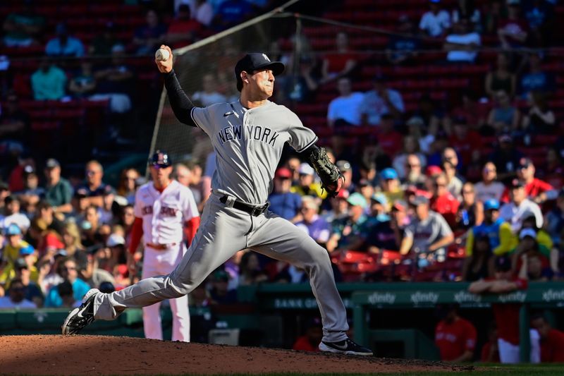 Sep 14, 2023; Boston, Massachusetts, USA; New York Yankees relief pitcher Matt Bowman (50) pitches against the Boston Red Sox during the eighth inning at Fenway Park. Mandatory Credit: Eric Canha-USA TODAY Sports