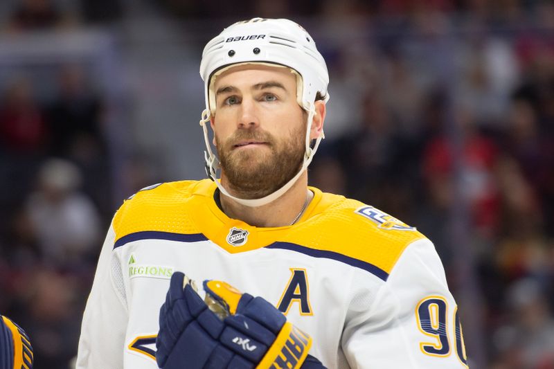 Jan 29, 2024; Ottawa, Ontario, CAN; Nashville Predators center Ryan O'Reilly (90) skates in the first period against the Ottawa Senators at the Canadian Tire Centre. Mandatory Credit: Marc DesRosiers-USA TODAY Sports