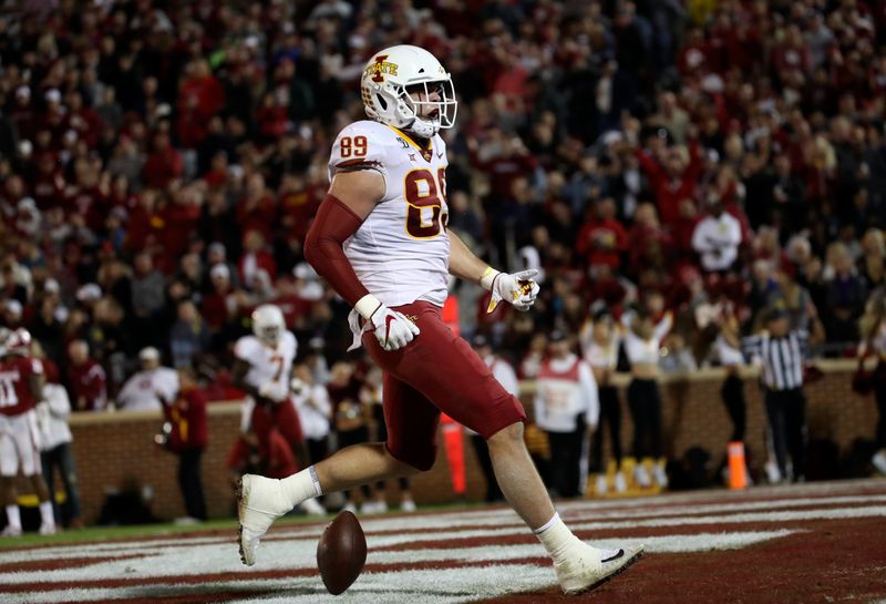 Nov 9, 2019; Norman, OK, USA; Iowa State Cyclones tight end Dylan Soehner (89) reacts after catching a touchdown pass during the second quarter against the Oklahoma Sooners at Gaylord Family - Oklahoma Memorial Stadium. Mandatory Credit: Kevin Jairaj-USA TODAY Sports