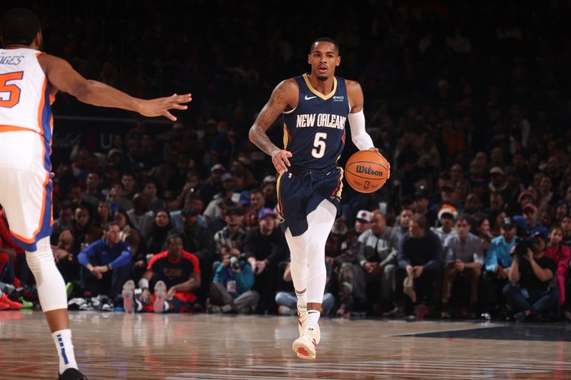 NEW YORK, NY - DECEMBER 1: Dejounte Murray #5 of the New Orleans Pelicans dribbles the ball during the game against the New York Knicks on December 1, 2024 at Madison Square Garden in New York City, New York.  NOTE TO USER: User expressly acknowledges and agrees that, by downloading and or using this photograph, User is consenting to the terms and conditions of the Getty Images License Agreement. Mandatory Copyright Notice: Copyright 2024 NBAE  (Photo by Nathaniel S. Butler/NBAE via Getty Images)