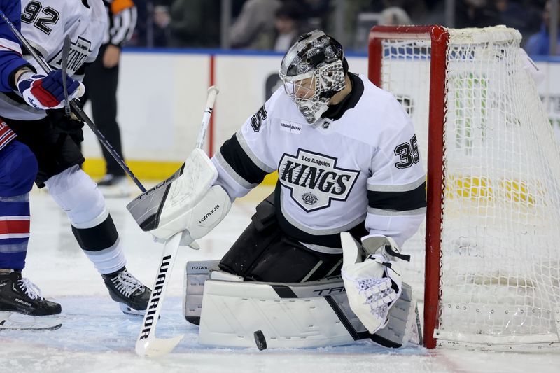 Mar 16, 2026; New York, New York, USA; Los Angeles Kings goaltender Darcy Kuemper (35) makes a save against the New York Rangers during the second period at Madison Square Garden. Mandatory Credit: Brad Penner-Imagn Images Mar 16, 2026; New York, New York, USA; Los Angeles Kings goaltender Darcy Kuemper (35) makes a save against the New York Rangers during the second period at Madison Square Garden. Mandatory Credit: Brad Penner-Imagn Images