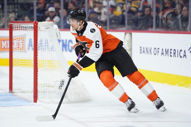 Dec 1, 2025; Philadelphia, Pennsylvania, USA; Philadelphia Flyers defenseman Travis Sanheim (6) controls the puck against the Pittsburgh Penguins in the second period at Xfinity Mobile Arena. Mandatory Credit: Kyle Ross-Imagn Images