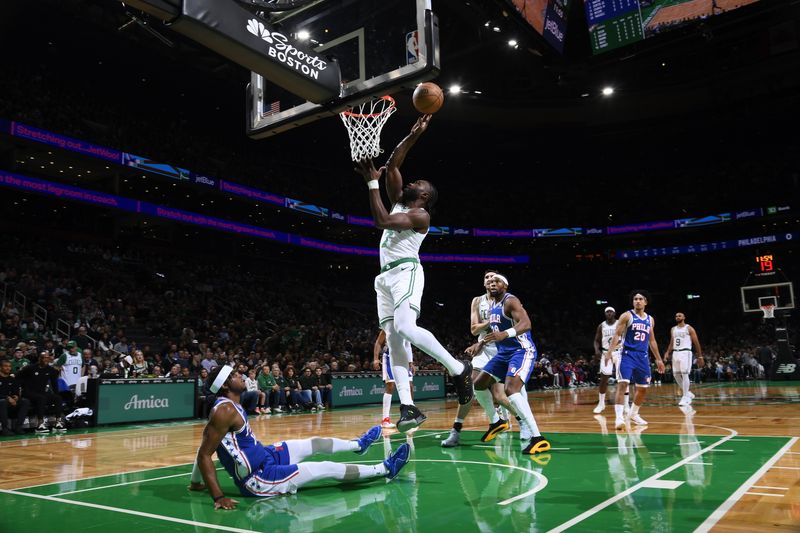 BOSTON, MA - OCTOBER 12: Jaylen Brown #7 of the Boston Celtics drives to the basket during the game against the Philadelphia 76ers during a NBA Preseason game on October 12, 2024 at TD Garden in Boston, Massachusetts. NOTE TO USER: User expressly acknowledges and agrees that, by downloading and/or using this Photograph, user is consenting to the terms and conditions of the Getty Images License Agreement. Mandatory Copyright Notice: Copyright 2024 NBAE (Photo by Brian Babineau/NBAE via Getty Images)