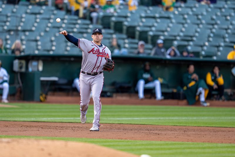 May 30, 2023; Oakland, California, USA;  Atlanta Braves third baseman Austin Riley (27) throws out Oakland Athletics center fielder Esteury Ruiz (not pictured) during the third inning at Oakland-Alameda County Coliseum. Mandatory Credit: Neville E. Guard-USA TODAY Sports