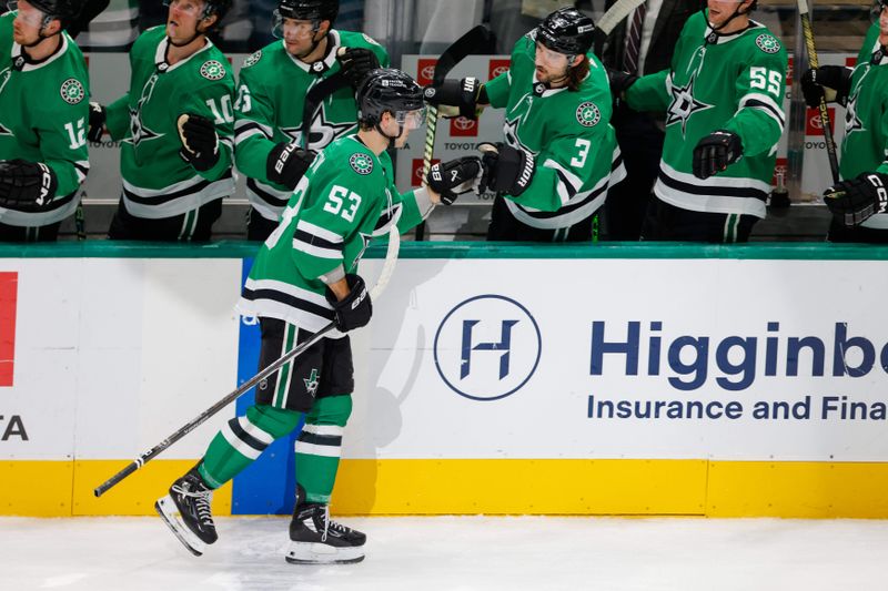 Mar 16, 2024; Dallas, Texas, USA; Dallas Stars center Wyatt Johnston (53) celebrates with his teammates after scoring a goal during the first period against the Los Angeles Kings at American Airlines Center. Mandatory Credit: Andrew Dieb-USA TODAY Sports