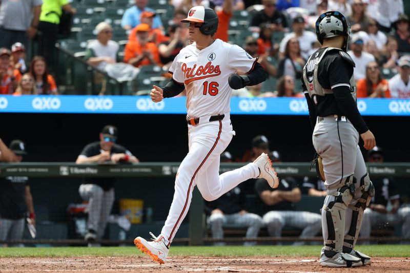 Jun 1, 2025; Baltimore, Maryland, USA; Baltimore Orioles third baseman Coby Mayo (16) scores during the sixth inning against the Chicago White Sox at Oriole Park at Camden Yards. Mandatory Credit: Daniel Kucin Jr.-Imagn Images