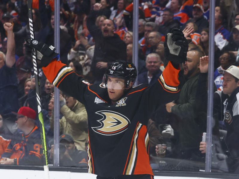 Feb 9, 2024; Anaheim, California, USA; Anaheim Ducks center Ryan Strome (16) celebrates after scoring a goal against Edmonton Oilers goaltender Calvin Pickard (30) during the second period of a game at Honda Center. Mandatory Credit: Jessica Alcheh-USA TODAY Sports