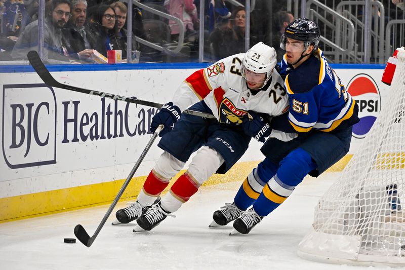 Jan 9, 2024; St. Louis, Missouri, USA;  Florida Panthers center Carter Verhaeghe (23) and St. Louis Blues defenseman Matthew Kessel (51) battle for the puck during the third period at Enterprise Center. Mandatory Credit: Jeff Curry-USA TODAY Sports