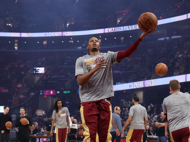 CLEVELAND, OH - March 8: Isaac Okoro #35 of the Cleveland Cavaliers warms up before the game against the Minnesota Timberwolves on March 8, 2024 at Rocket Mortgage FieldHouse in Cleveland, Ohio. NOTE TO USER: User expressly acknowledges and agrees that, by downloading and/or using this Photograph, user is consenting to the terms and conditions of the Getty Images License Agreement. Mandatory Copyright Notice: Copyright 2024 NBAE (Photo by Lauren Leigh Bacho/NBAE via Getty Images)