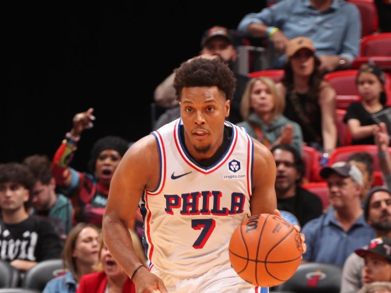 MIAMI, FL - APRIL 4: Kyle Lowry #7 of the Philadelphia 76ers brings the ball up court during the game against the Miami Heat on April 4, 2024 at Kaseya Center in Miami, Florida. NOTE TO USER: User expressly acknowledges and agrees that, by downloading and or using this Photograph, user is consenting to the terms and conditions of the Getty Images License Agreement. Mandatory Copyright Notice: Copyright 2024 NBAE (Photo by Issac Baldizon/NBAE via Getty Images)