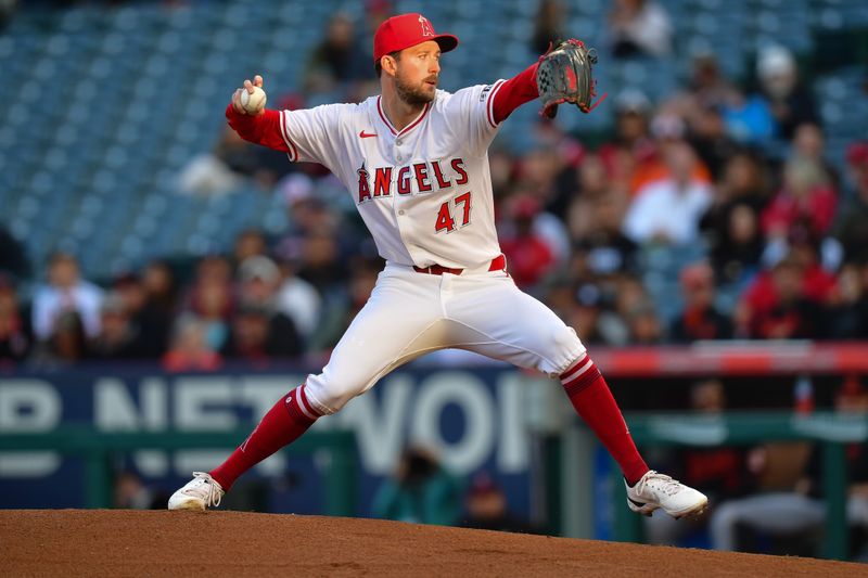Apr 23, 2024; Anaheim, California, USA; Los Angeles Angels pitcher Griffin Canning (47) throws against the Baltimore Orioles during the first inning at Angel Stadium. Mandatory Credit: Gary A. Vasquez-USA TODAY Sports