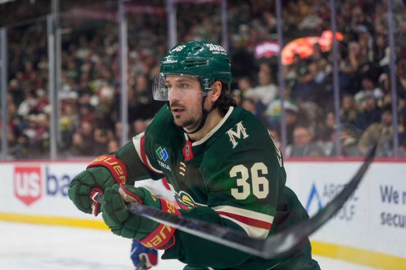 Feb 2, 2026; Saint Paul, Minnesota, USA; Minnesota Wild right wing Mats Zuccarello (36) skates against the Montreal Canadiens in the second period at Grand Casino Arena. Mandatory Credit: Matt Blewett-Imagn Images