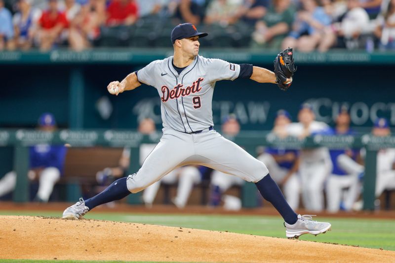Jun 4, 2024; Arlington, Texas, USA; Detroit Tigers pitcher Jack Flaherty (9) throws during the first inning against the Texas Rangers at Globe Life Field. Mandatory Credit: Andrew Dieb-USA TODAY Sports