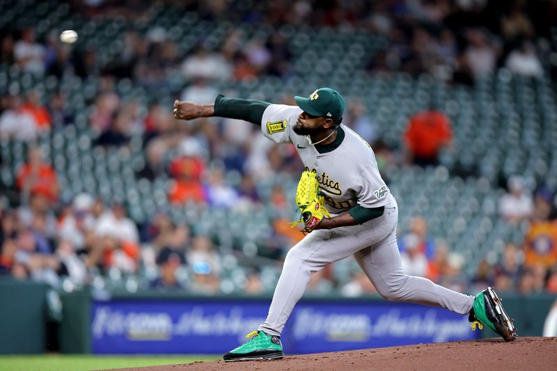 May 28, 2025; Houston, Texas, USA; Athletics starting pitcher Luis Severino (40) delivers a pitch against the Houston Astros during the first inning at Daikin Park. Mandatory Credit: Erik Williams-Imagn Images