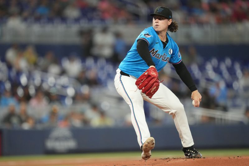 Jun 1, 2025; Miami, Florida, USA;  Miami Marlins pitcher Ryan Weathers (35) pitches against the San Francisco Giants in the first inning at loanDepot Park. Mandatory Credit: Jim Rassol-Imagn Images