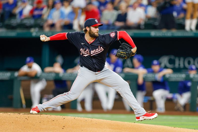 May 1, 2024; Arlington, Texas, USA; Washington Nationals pitcher Trevor Williams (32) throws during the first inning against the Texas Rangers at Globe Life Field. Mandatory Credit: Andrew Dieb-USA TODAY Sports
