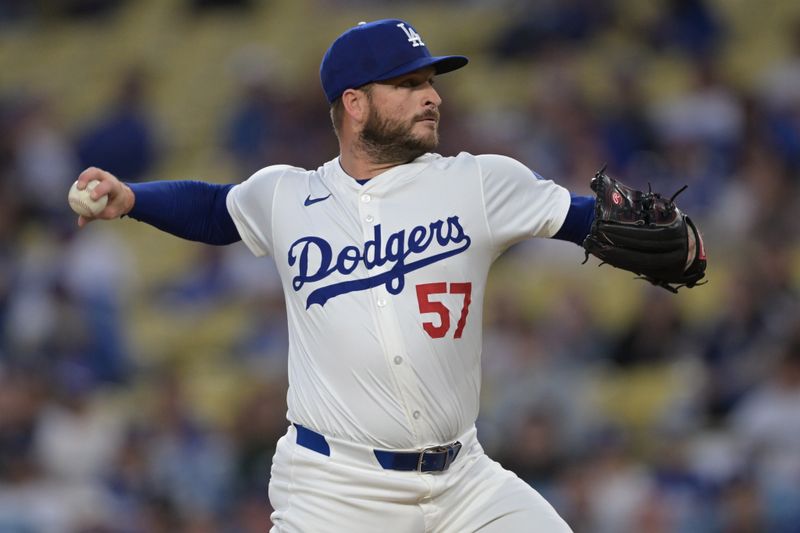 Apr 2, 2024; Los Angeles, California, USA;  Los Angeles Dodgers relief pitcher Ryan Brasier (57) delivers in the first inning at Dodger Stadium. Mandatory Credit: Jayne Kamin-Oncea-USA TODAY Sports