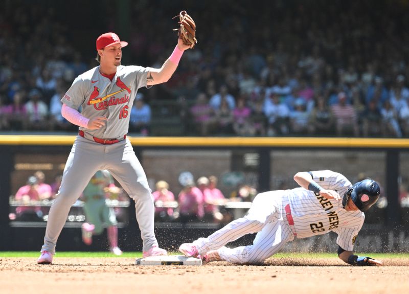 May 12, 2024; Milwaukee, Wisconsin, USA; Milwaukee Brewers outfielder Christian Yelich (22) slides into second base safely against St. Louis Cardinals second base Nolan Gorman (16) in the first inning at American Family Field. Mandatory Credit: Michael McLoone-USA TODAY Sports