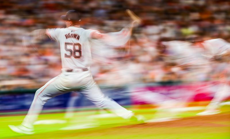 Jun 25, 2024; Houston, Texas, USA; Houston Astros starting pitcher Hunter Brown (58) pitches against the Colorado Rockies in the sixth inning at Minute Maid Park. Mandatory Credit: Thomas Shea-USA TODAY Sports