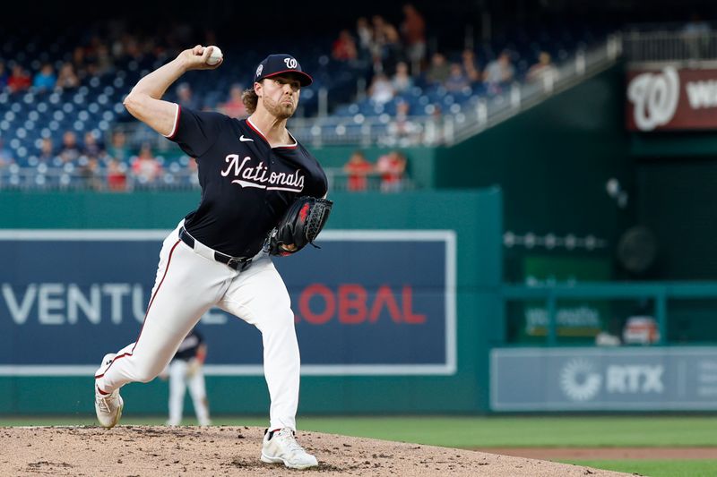 Sep 11, 2024; Washington, District of Columbia, USA; Washington Nationals starting pitcher Jake Irvin (27) pitches against the Atlanta Braves during the second inning at Nationals Park. Mandatory Credit: Geoff Burke-Imagn Images