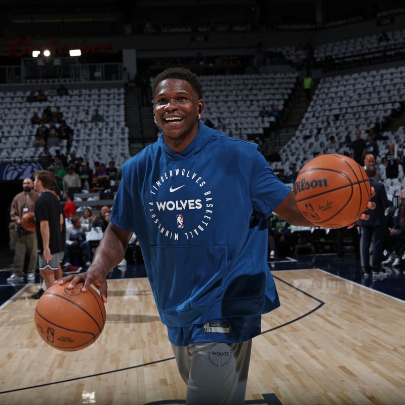 MINNEAPOLIS, MN -  OCTOBER 26: Anthony Edwards #5 of the Minnesota Timberwolves smiles before the game against the Toronto Raptors on October 26, 2024 at Target Center in Minneapolis, Minnesota. NOTE TO USER: User expressly acknowledges and agrees that, by downloading and or using this Photograph, user is consenting to the terms and conditions of the Getty Images License Agreement. Mandatory Copyright Notice: Copyright 2024 NBAE (Photo by David Sherman/NBAE via Getty Images)