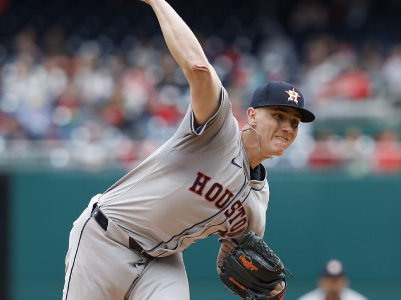 Apr 21, 2024; Washington, District of Columbia, USA; Houston Astros starting pitcher Hunter Brown (58) pitches against the Washington Nationals during the first inning at Nationals Park. Mandatory Credit: Geoff Burke-USA TODAY Sports