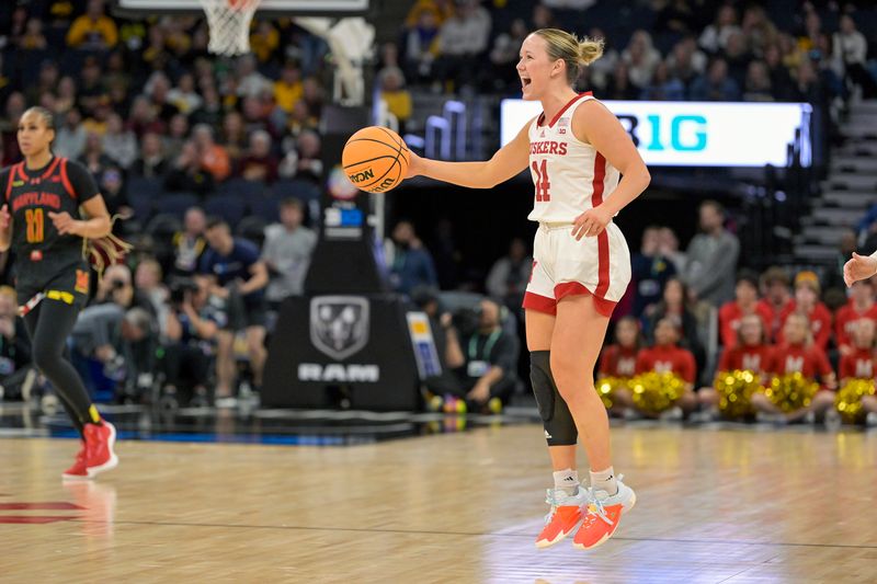 Mar 9, 2024; Minneapolis, MN, USA;  Nebraska Cornhuskers guard Callin Hake (14) celebrates a victory over the Maryland as time expires during the second half of a Big Ten Women's Basketball tournament semifinal at Target Center. Mandatory Credit: Nick Wosika-USA TODAY Sports
