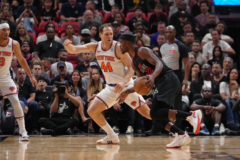 MIAMI, FL - APRIL 2: Jimmy Butler #22 of the Miami Heat dribbles the ball during the game against the New York Knicks on April 2, 2024 at Kaseya Center in Miami, Florida. NOTE TO USER: User expressly acknowledges and agrees that, by downloading and or using this Photograph, user is consenting to the terms and conditions of the Getty Images License Agreement. Mandatory Copyright Notice: Copyright 2024 NBAE (Photo by Eric Espada/NBAE via Getty Images)