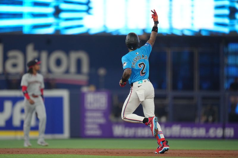 Apr 28, 2024; Miami, Florida, USA;  Miami Marlins center fielder Jazz Chisholm Jr. (2) rounds the bases after hitting  a grand slam in the first inning against the Washington Nationals at loanDepot Park. Mandatory Credit: Jim Rassol-USA TODAY Sports