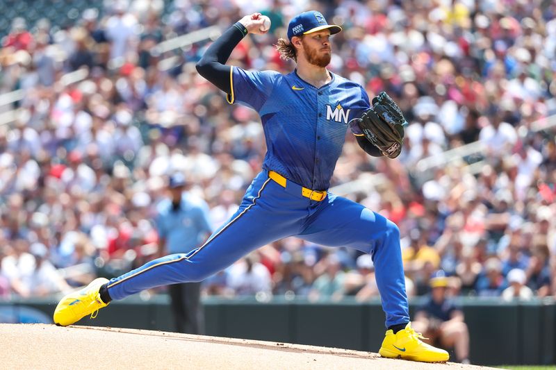 Jun 16, 2024; Minneapolis, Minnesota, USA; Minnesota Twins starting pitcher Bailey Ober (17) delivers a pitch against the Oakland Athletics during the first inning of game one of a double header at Target Field. Mandatory Credit: Matt Krohn-USA TODAY Sports