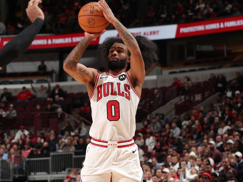 CHICAGO, IL - NOVEMBER 4: Coby White #0 of the Chicago Bulls shoots a three point basket during the game against the Utah Jazz on NOVEMBER 4, 2024 at United Center in Chicago, Illinois. NOTE TO USER: User expressly acknowledges and agrees that, by downloading and or using this photograph, User is consenting to the terms and conditions of the Getty Images License Agreement. Mandatory Copyright Notice: Copyright 2024 NBAE (Photo by Gary Dineen/NBAE via Getty Images)