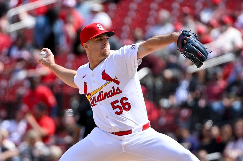 Apr 24, 2024; St. Louis, Missouri, USA;  St. Louis Cardinals relief pitcher Ryan Helsley (56) pitches against the Arizona Diamondbacks during the ninth inning at Busch Stadium. Mandatory Credit: Jeff Curry-USA TODAY Sports