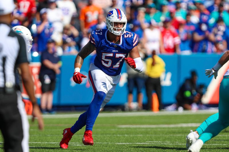 Buffalo Bills defensive end AJ Epenesa (57) in action during an NFL football game against the Miami Dolphins, Sunday, Oct. 1, 2023, in Orchard Park, N.Y. (AP Photo/Gary McCullough)