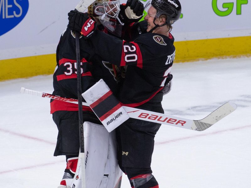 Dec 18, 2025; Ottawa, Ontario, CAN; Ottawa Senators goalie Linus Ullmark (35) is congratulated by left wing Fabian Zetterlund (20) after a shutout against the Pittsburgh Penguins at the Canadian Tire Centre. Mandatory Credit: Marc DesRosiers-IMAGN Images