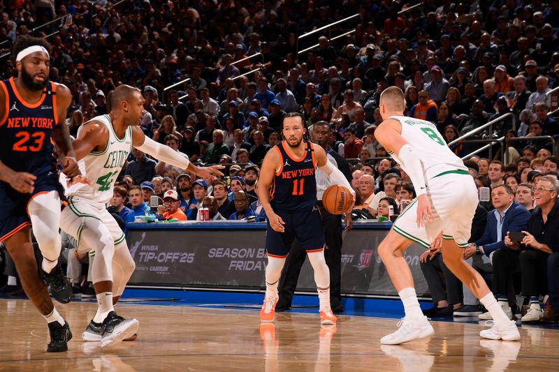 NEW YORK, NY - MAY 12:  Jalen Brunson #11 of the New York Knicks handles the ball during the game against the Boston Celtics during Round 2 Game 4 on May 12, 2025 at Madison Square Garden in New York City, New York.  NOTE TO USER: User expressly acknowledges and agrees that, by downloading and or using this photograph, User is consenting to the terms and conditions of the Getty Images License Agreement. Mandatory Copyright Notice: Copyright 2025 NBAE  (Photo by Brian Babineau/NBAE via Getty Images)