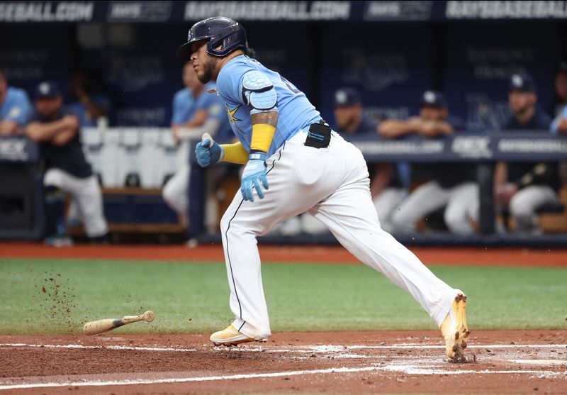 May 28, 2023; St. Petersburg, Florida, USA;Tampa Bay Rays designated hitter Harold Ramirez (43) singles during the second inning against the Los Angeles Dodgers at Tropicana Field. Mandatory Credit: Kim Klement-USA TODAY Sports