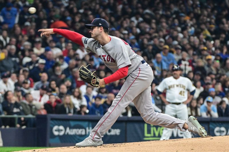 Apr 22, 2023; Milwaukee, Wisconsin, USA; Boston Red Sox pitcher Garrett Whitlock (22) throws a pitch in the first inning against the Milwaukee Brewers at American Family Field. Mandatory Credit: Benny Sieu-USA TODAY Sports