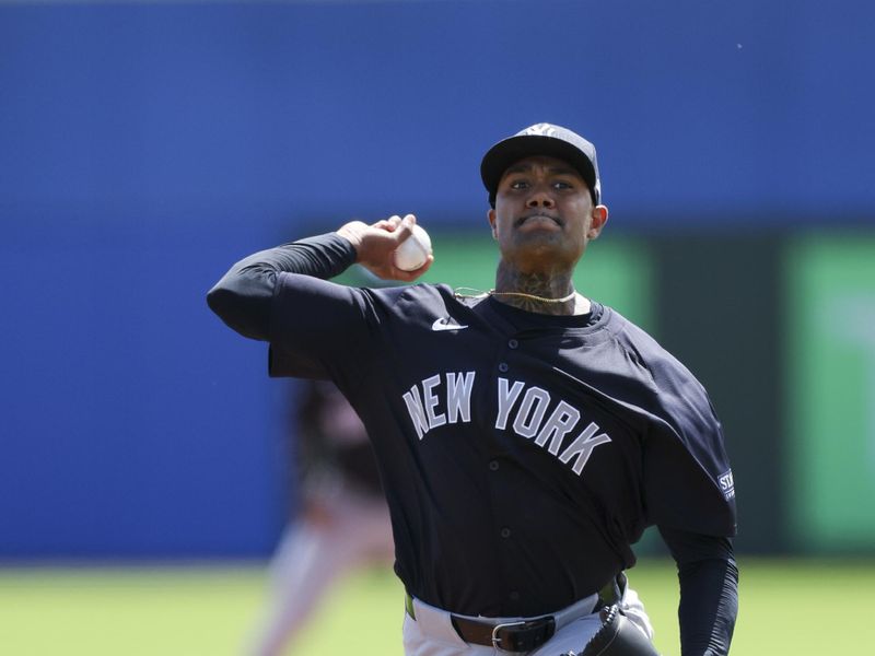 Mar 12, 2024; Dunedin, Florida, USA;  New York Yankees pitcher Dennis Santan (53) throws a pitch against the Toronto Blue Jays in the first inning at TD Ballpark. Mandatory Credit: Nathan Ray Seebeck-USA TODAY Sports