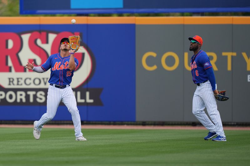 Mar 24, 2024; Port St. Lucie, Florida, USA;  New York Mets center fielder Tyrone Taylor (15) catches a fly ball for an out in the third inning against the Washington Nationals at Clover Park. Mandatory Credit: Jim Rassol-USA TODAY Sports