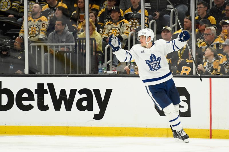 Apr 20, 2024; Boston, Massachusetts, USA; Toronto Maple Leafs center David Kampf (64) reacts after scoring a goal during the third period in game one of the first round of the 2024 Stanley Cup Playoffs against the Boston Bruins at TD Garden. Mandatory Credit: Bob DeChiara-USA TODAY Sports